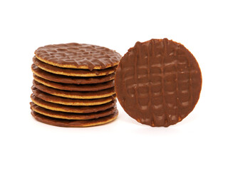 Stack of biscuits covered in milk chocolate isolated on white
