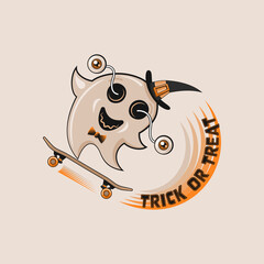 Trick or Treat Halloween card design with ghost jumping on skateboard. Color vector illustration.