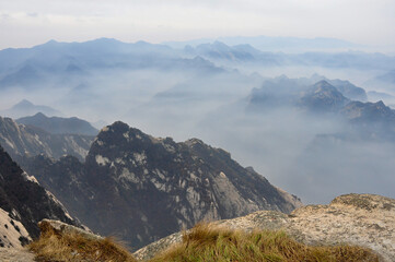 Huashan, in Shaanxi Province China. View on traditional chinese taoistic mountain.