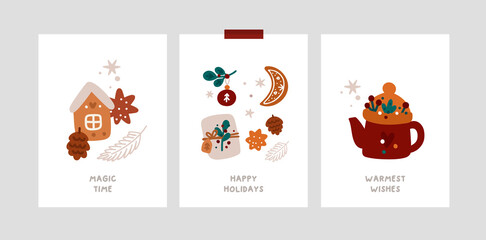 Set of illustrations in scandinavian doodle style on a Christmas theme. Festive xmas greeting cards with traditional winter holiday symbols. Happy new year or Merry Christmas postcards, poster, banner