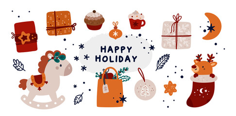 Set with festive design elements on a Christmas theme with cartoon elements. Holiday collection of gifts, decorations and cozy winter accessories. For holiday first card, postcard, poster, background