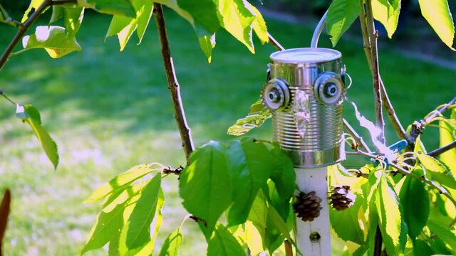 Selbst gemachte Blechdoseneule im Garten in Niederbayern Deutschland.