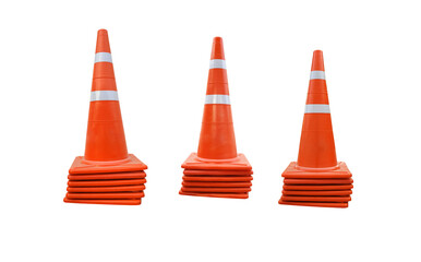 Orange plastic cone with reflective stripes isolated on white background