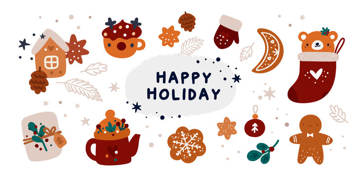 Merry Christmas and a happy new year! Set with festive design elements on a Christmas theme with cartoon elements. Holiday collection of gifts, decorations and cozy winter accessories