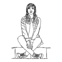 teenage girl black and white line art, sportswear sitting woman in sneakers silhouette, editable vector illustration