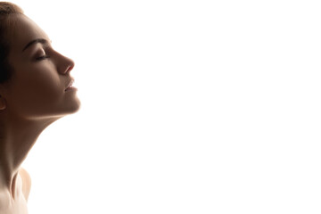 Beauty face. Silhouette profile. Woman taking breath with closed eyes. Isolated on white, free...