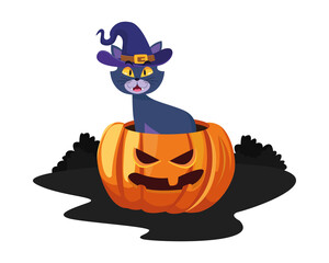 Halloween cat with hat on pumpkin cartoon vector design