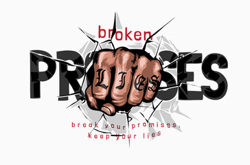 punching fist through promises slogan graphic illustration