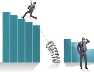 Business people jumping over bar charts