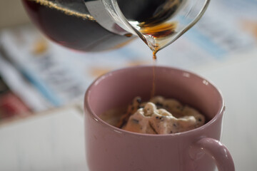 pour coffee drip into ice cream