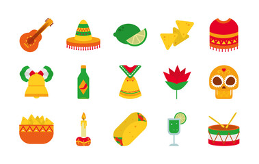 icon set of mexican and sugar skull, flat style