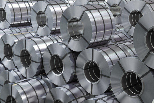 Rolls Of Metal Sheet. Zync, Aluminium Or Steel Sheet Rolls On Warehouse In Factory.