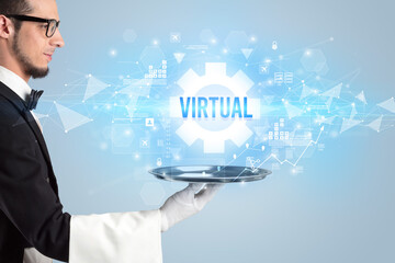 Waiter serving new technology concept with VIRTUAL inscription