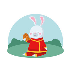 rabbit cartoon with traditional cloth and mooncake vector design