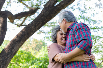 Happiness Grandparent asian couple. Grandfather and grandmother embracing each other with love and smiley faces under tree. Elderly husband kiss old wife and enjoy life with happiness