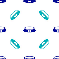 Blue Pet food bowl for cat or dog icon isolated seamless pattern on white background. Dog bone sign. Vector.