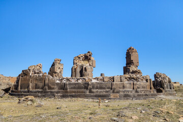 Side view onto remains of King Gagik's church of St Gregory in medieval city Ani, near Kars, Turkey. It was built in 1005, as twin of cathedral of Zvartnots in Armenia. Now it's UNESCO object