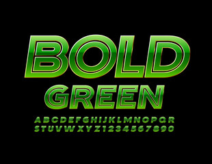 Vector Bold Green and gold Font. Glossy chic Alphabet. Elite creative Letters and Numbers set