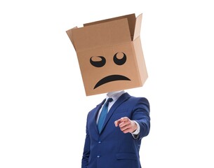 Businessman with box and unhappy face