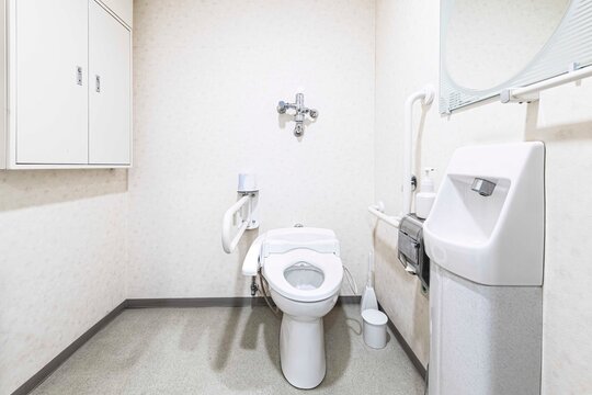 Toilet in hospital for patients and disabled person there are facilities, closet, basin stainless steel handle for the disabled