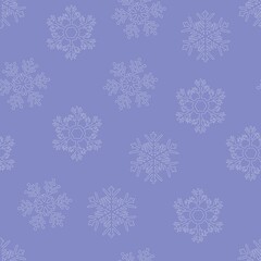 Snowflakes doodle seamless pattern. Hand drawn Vector winter symbol. Christmas and New Year element. White snowflakes contour on lilac background. Abstract shapes. For wallpaper, print and posters