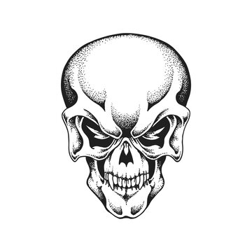 Evil Human Skull. Hand Drawn Vector Illustration