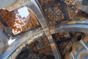 Remains of ceiling, walls & ornaments inside church of Holy Apostles in medieval city Ani, near Kars, Turkey. Built in 10 century in form of quatrefoil with corner chambers. It's UNESCO object