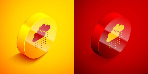 Isometric Cloud with rain icon isolated on orange and red background. Rain cloud precipitation with rain drops. Circle button. Vector.