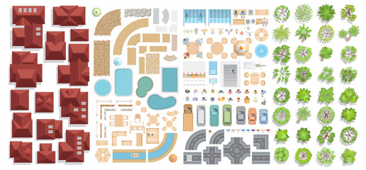 Set of landscape elements. Houses, architectural elements, furniture, trees. Top view. Road, cars, people, lights, furniture, houses, tiled roofs, paving stones. View from above. 