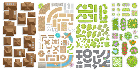 Set of landscape elements. Houses, architectural elements, plants. Top view. Trees, flower beds, roofs, pavement, fences, furniture. View from above. 