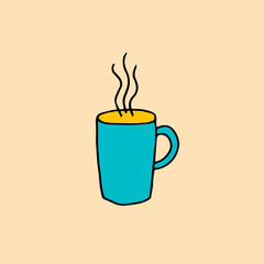 Blue mug with hot coffee, tea. Vector doodle illustration, hand drawn