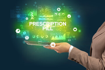 Close-up of a touchscreen with PRESCRIPTION PILL inscription, medical concept