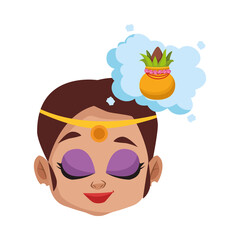 diwali woman cartoon with lotus flower on vase in bubble vector design