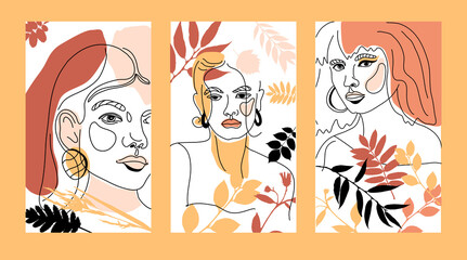 Set of banners with Womans Face Minimal Line Style ol-line drawing. Abstract Contemporary autumn color collage of geometric shapes in a modern trendy style. Vector female Portrait. Beauty Concept, t
