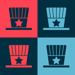 Pop art Patriotic American top hat icon isolated on color background. Uncle Sam hat. American hat independence day. Vector.