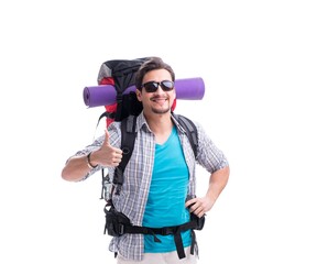 Backpacker with large backpack isolated on white