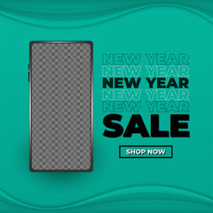 New year sales promotion banner or poster with smartphone template on green background