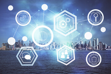 Double exposure of social network theme drawing and cityscape background. Concept of people connecton.