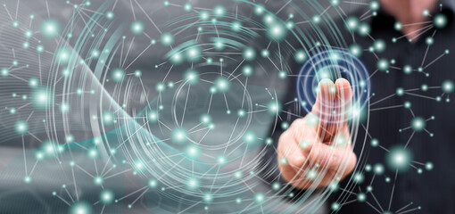 Man touching a virtual network