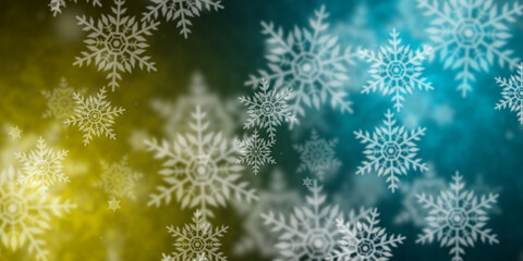 Abstract yellow and light blue background with flying snowflakes