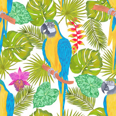 Vector parrots macaw sitting on a branch with tropical leaves and flower
seamless pattern