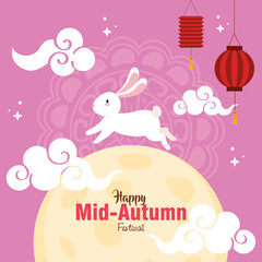 rabbit with moon and lanterns design, Happy mid autumn harvest festival oriental chinese and celebration theme Vector illustration