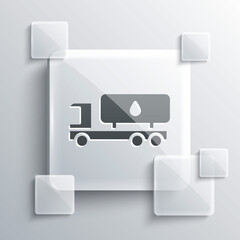 Grey Tanker truck icon isolated on grey background. Petroleum tanker, petrol truck, cistern, oil trailer. Square glass panels. Vector.