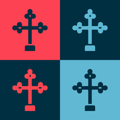 Pop art Christian cross icon isolated on color background. Church cross. Vector.