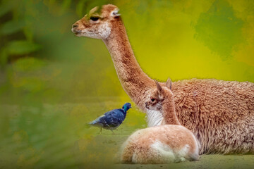 a mother vicunja with her child watching a pigeon