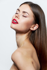 Lady Bare shoulders closed eyes charm clear skin red lips light 