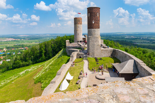 13th century Checiny Castle, ruins of medieval stronghold near Kielce city at sunny day.