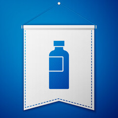 Blue Fitness shaker icon isolated on blue background. Sports shaker bottle with lid for water and protein cocktails. White pennant template. Vector.