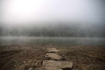 stones in the river in the fog