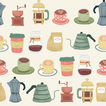 cute coffee tools equipment set in vintage retro style with watercolor texture drawing pattern seamless, idea for gift paper wrap, wrapping paper, card, printing, background